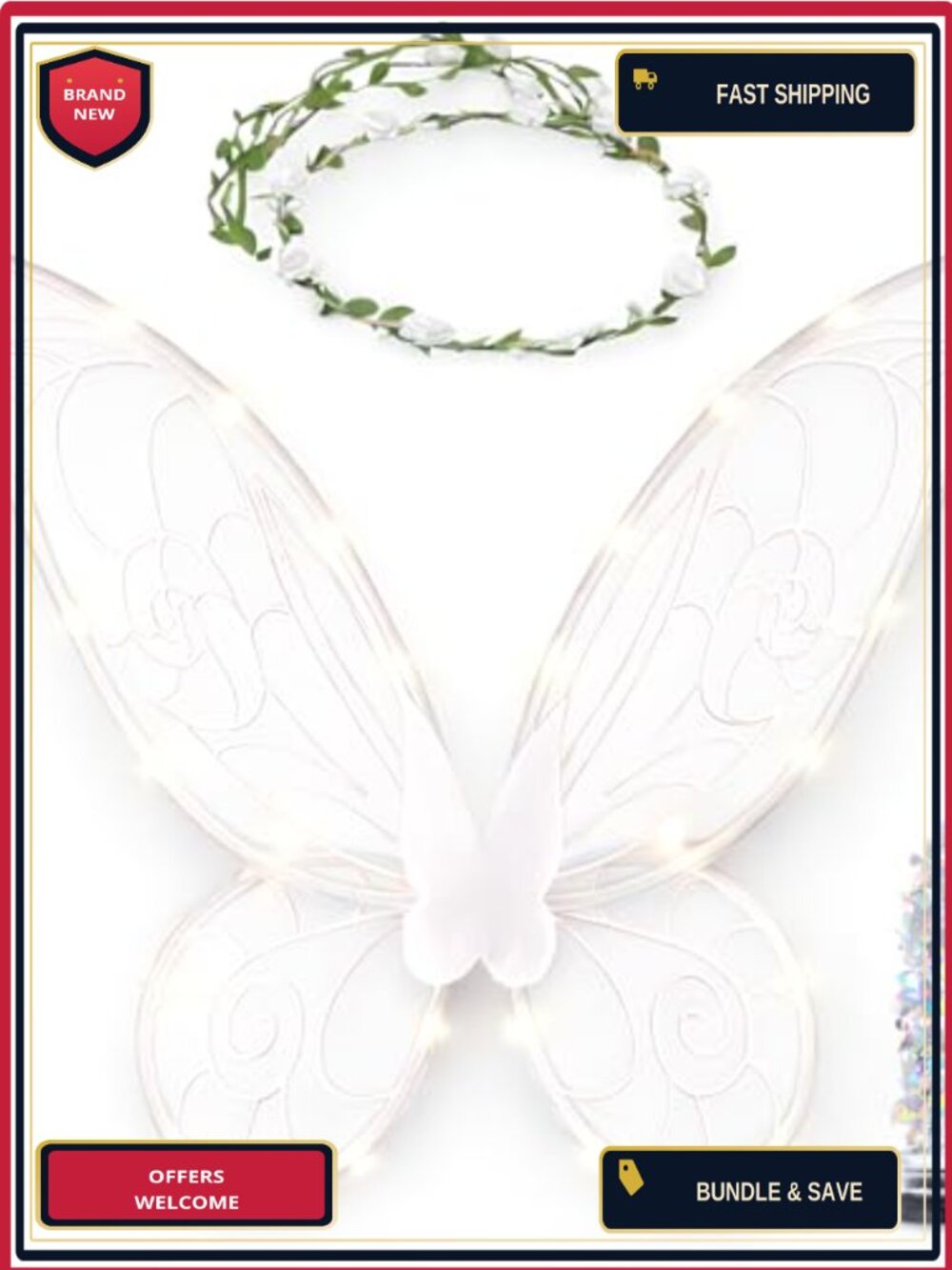 Light Up Fairy Wings Costume Accessory Set Tulle Flower Crown Glitter Halloween
